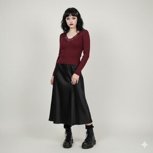 H&M Divided V-Neck Ribbed Long Sleeve Burgundy Lace Sweater Size Xs Wimsigoth